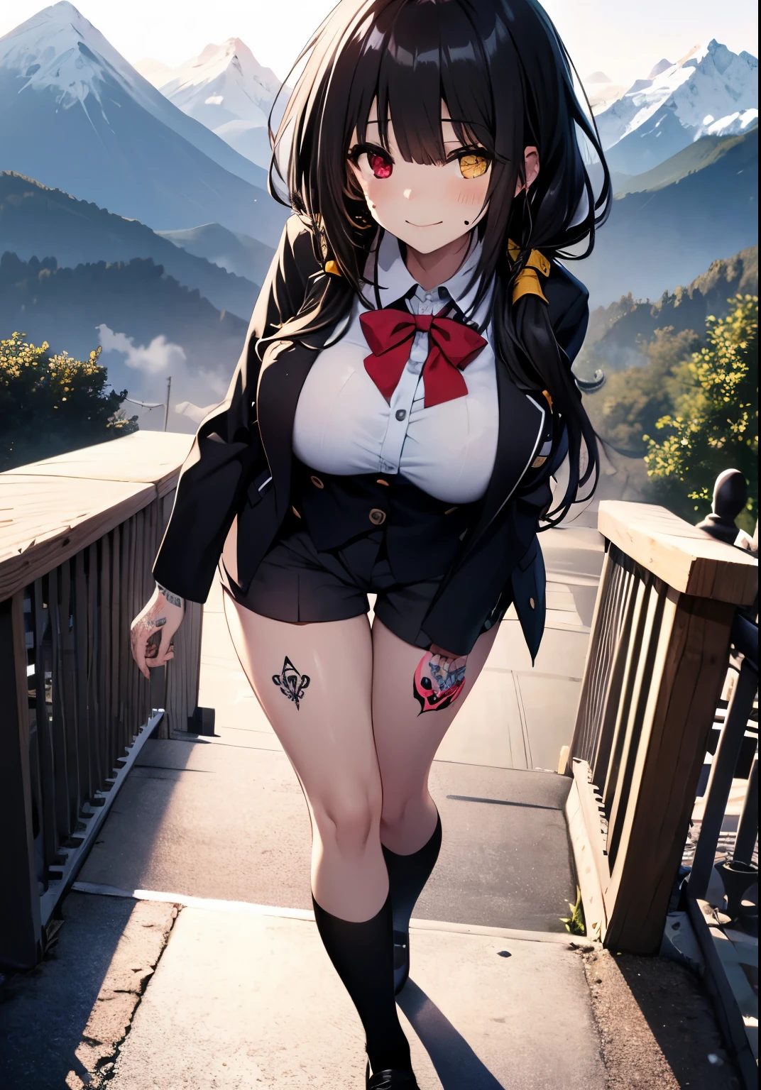 Masterpiece, high quality, ultra quality, best lighting, 1girl, ((tokisaki kurumi)), long hair, black hair, low twintails, monochrome, ((right red eye:1, left yellow eye:1)), black , ((black school uniform)), ((short pants)), ((big breast)), ((big thigh)), smile, blush, cute face, ((gesugao face)), standing, sexy body, sexy, tattooed full body, tattooed face, (((tattooed))),looking at viewer, large the breast, , (((mountain)))