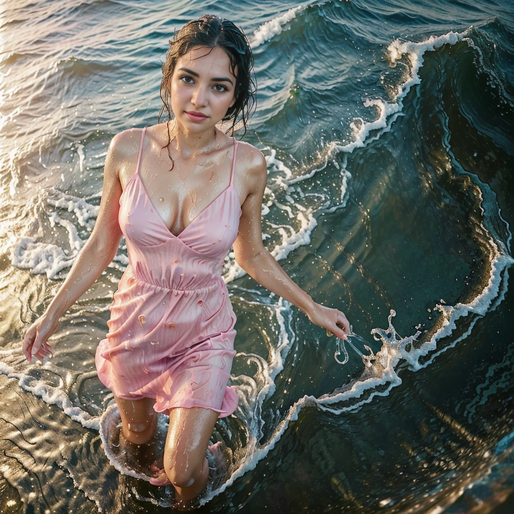 woman in a pink dress is walking into the sea, long pink gloves, elegant, closeup fantasy with water magic, (top_view_perspective:1.3), ((waves)), beautiful maiden, wearing a dress made of water, cleavage, nude belly, realistic oil painting, dripping wet, in water up to her shoulders, sofiax, woman soaked by waves,  beautiful realistic photoshot, nymph in the water, hyperrealist portrait in ocean, hyperrealistic real photo, splashing, realistic polaroid, cute shot, narrow depth of field, portrait, sunset, golden hour, 8k, sfw, drenched, ((soaked)), dripping water, dripping oil, heavy clothes, soaked in oil, wet all over, rouge lipstick, wet dripping hair