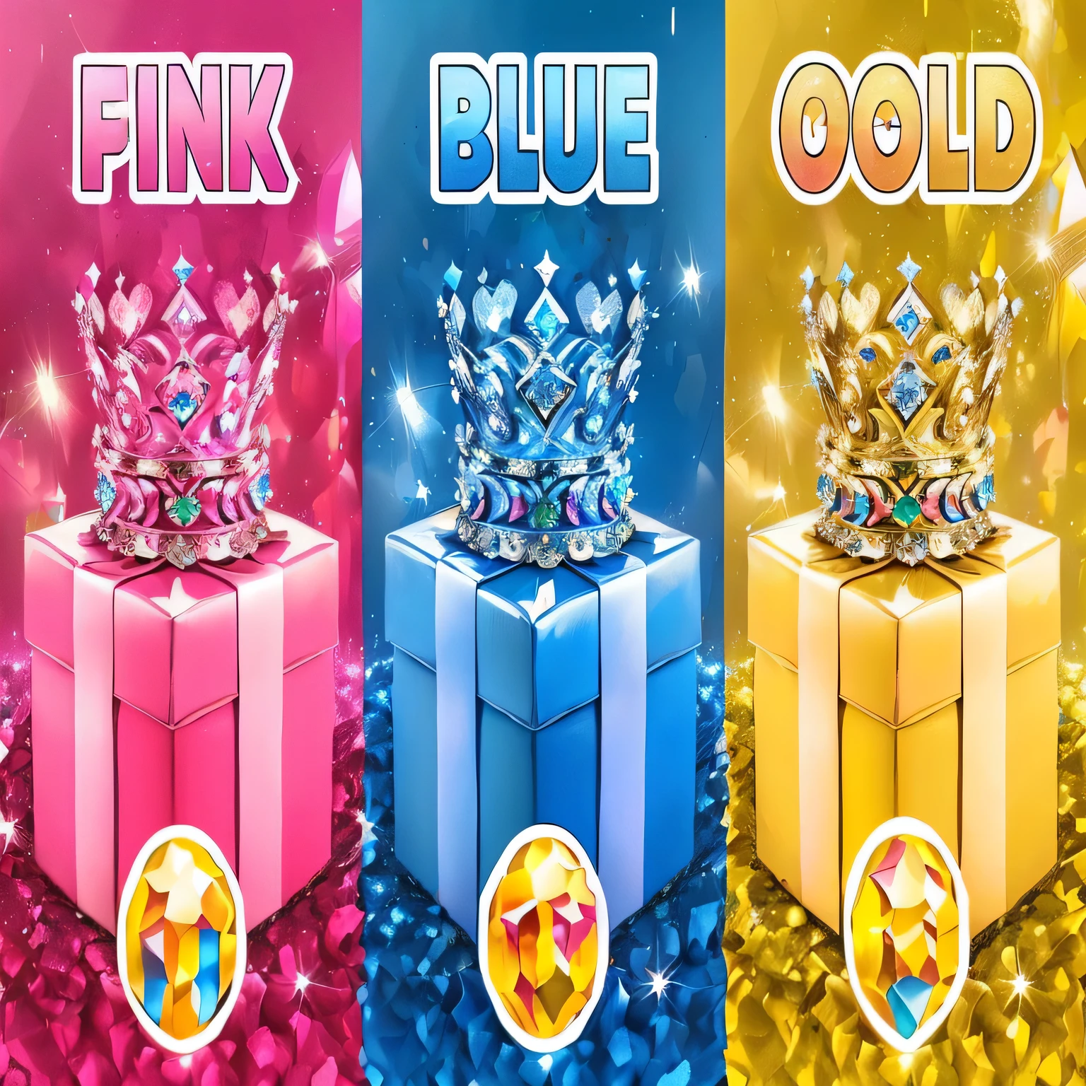 a group of three boxes with different colored boxes and a crown, royal blue colors, blue colored, blue tiara, 4 colors!!!, blue and pink colors, 4k (blue)!!, blue color, pink and blue colour, pink and blue colors, blue black pink, with sparkling gems on top, jewel crown, blue colors, 3 colors