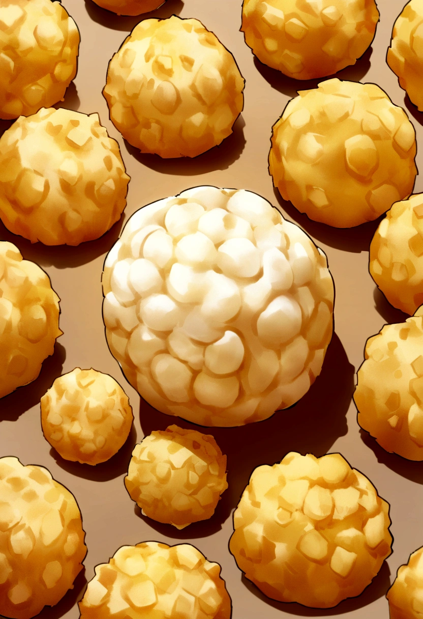 make an image of a fried ice cream that has the following characteristics: A round golden ball, about the size of a tennis ball. texture: The surface is crispy and rough due to the fried batter. Coverage may look patchy and grainy. color: Light to medium gold, with possible darker tones in some areas, due to frying. The color of the batter may vary if specific ingredients such as grated coconut are used., cookie crumbs, or cereals.