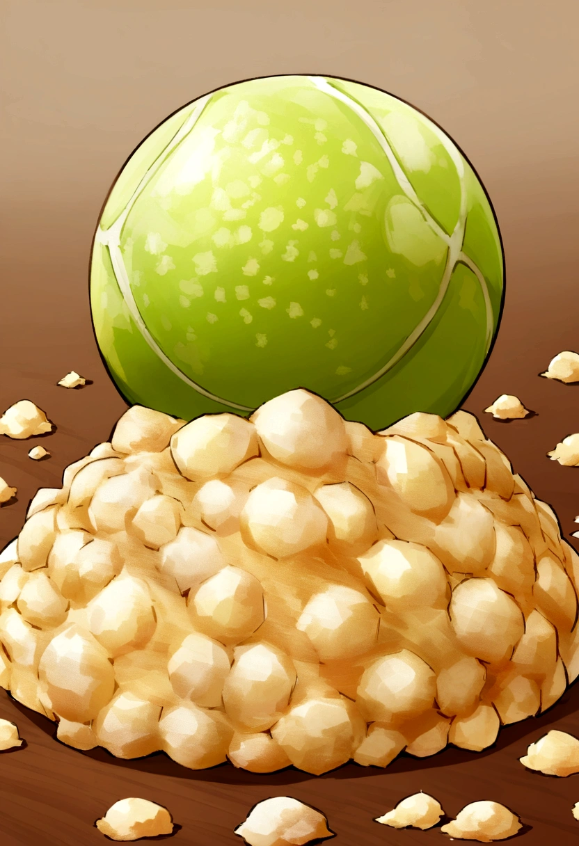 make an image of a fried ice cream that has the following characteristics: A round golden ball, about the size of a tennis ball. texture: The surface is crispy and rough due to the fried batter. Coverage may look patchy and grainy. color: Light to medium gold, with possible darker tones in some areas, due to frying. The color of the batter may vary if specific ingredients such as grated coconut are used., cookie crumbs, or cereals.