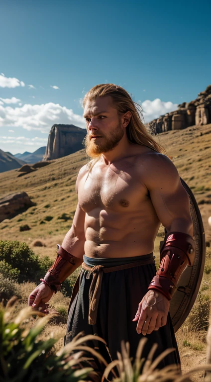 raw photo, fierce Viking man, portrait, fashion photography, embodying bravery and resilience in a rugged landscape, (random background), depth of field