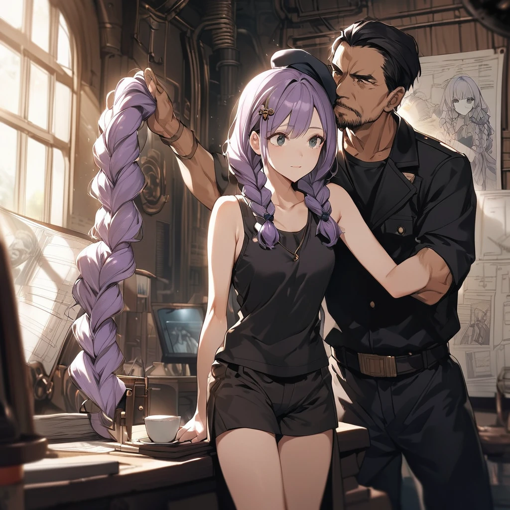 (a girl and a man:1.5), (a girl with closs hair pin,pale purple hair,wavy two braids,bluntbangs hair,green and black eyes a black tank top and shorts,:1.4), anime visual, (tilt head:1.3), extremely delicate face, soft clean focus, realistic lighting and shading, (an extremely delicate and beautiful art:1.3), (muted colors:1.1), small breast,slim,In a steampunk command room, there is a display on the wall, with a line art drawing of the blueprints for the wings to be attached to the girl,
A man is 60 years old, superior officer looks up at it and gives orders, wearing a blue military uniform, beret,
a girl who is listening to the orders,Saluting to the man,