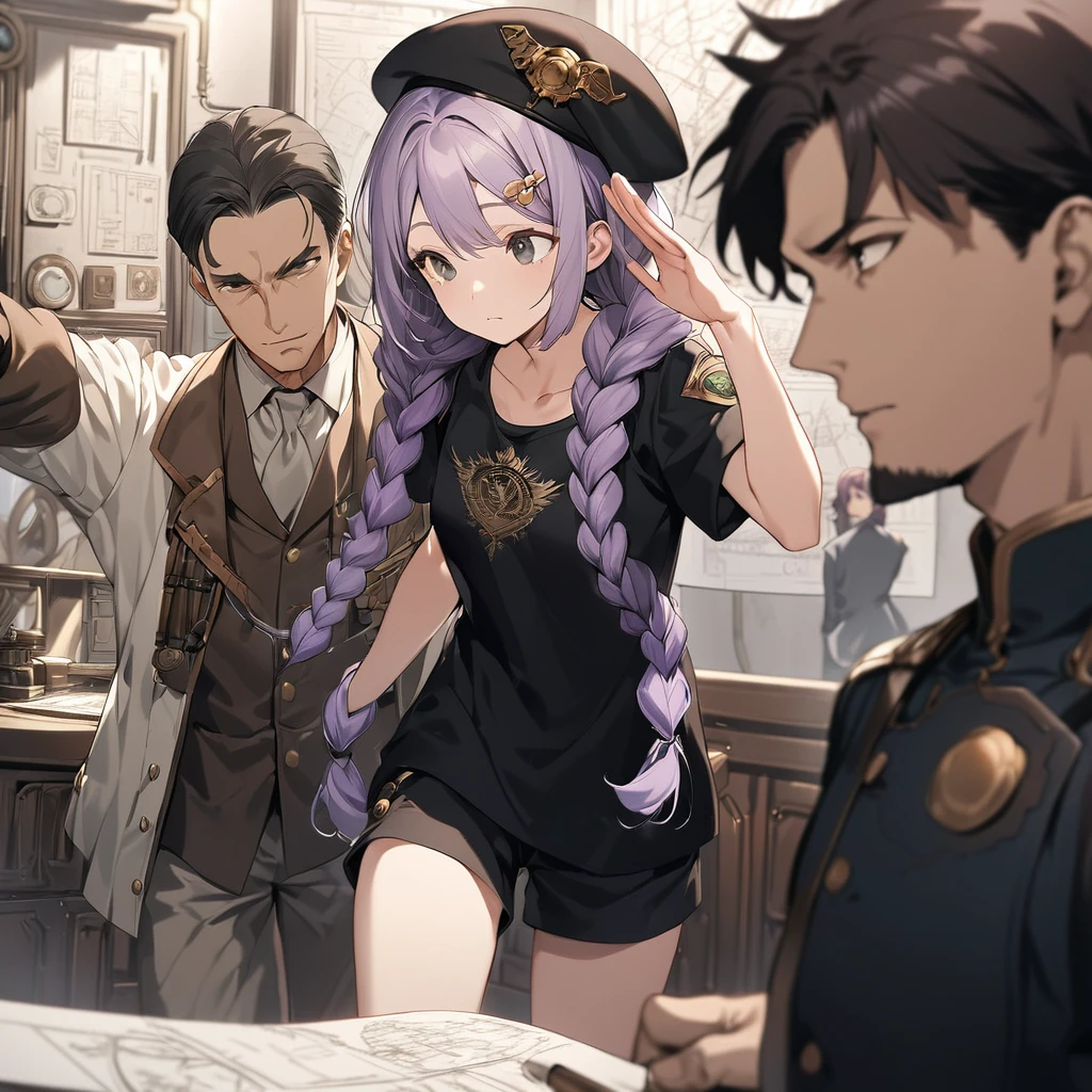 (a girl and a man:1.5), (a girl with closs hair pin,pale purple hair,wavy two braids,bluntbangs hair,green and black eyes a black tank top and shorts,:1.4), anime visual, (tilt head:1.3), extremely delicate face, soft clean focus, realistic lighting and shading, (an extremely delicate and beautiful art:1.3), (muted colors:1.1), small breast,slim,In a steampunk command room, there is a display on the wall, with a line art drawing of the blueprints for the wings to be attached to the girl,
A man is 60 years old, superior officer looks up at it and gives orders, wearing a blue military uniform, beret,
a girl who is listening to the orders,Saluting to the man,