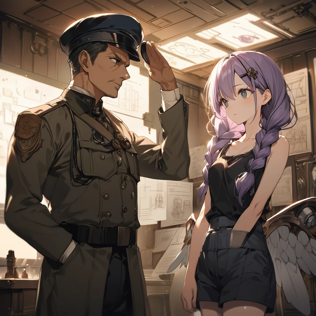  (a girl and a man:1.5), (a girl with closs hair pin,pale purple hair,wavy two braids,bluntbangs hair,green and black eyes a black tank top and shorts,:1.4), anime visual, (tilt head:1.3), extremely delicate face, soft clean focus, realistic lighting and shading, (an extremely delicate and beautiful art:1.3),  (muted colors:1.1), small breast,slim,In a steampunk command room, there is a display on the wall, with a line art drawing of the blueprints for the wings to be attached to the girl,

A man is 60 years old, superior officer looks up at it and gives orders, wearing a blue military uniform, beret, 

a girl who is listening to the orders


