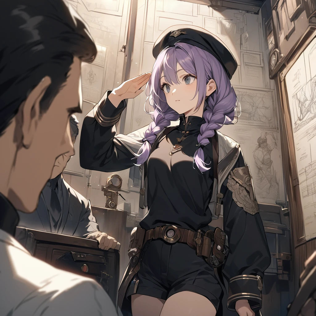  (a girl and a man:1.5), (a girl with closs hair pin,pale purple hair,wavy two braids,bluntbangs hair,green and black eyes a black tank top and shorts,:1.4), anime visual, (tilt head:1.3), extremely delicate face, soft clean focus, realistic lighting and shading, (an extremely delicate and beautiful art:1.3),  (muted colors:1.1), small breast,slim,In a steampunk command room, there is a display on the wall, with a line art drawing of the blueprints for the wings to be attached to the girl,

A man is 60 years old, superior officer looks up at it and gives orders, wearing a blue military uniform, beret, 

a girl who is listening to the orders,Saluting to the man,


