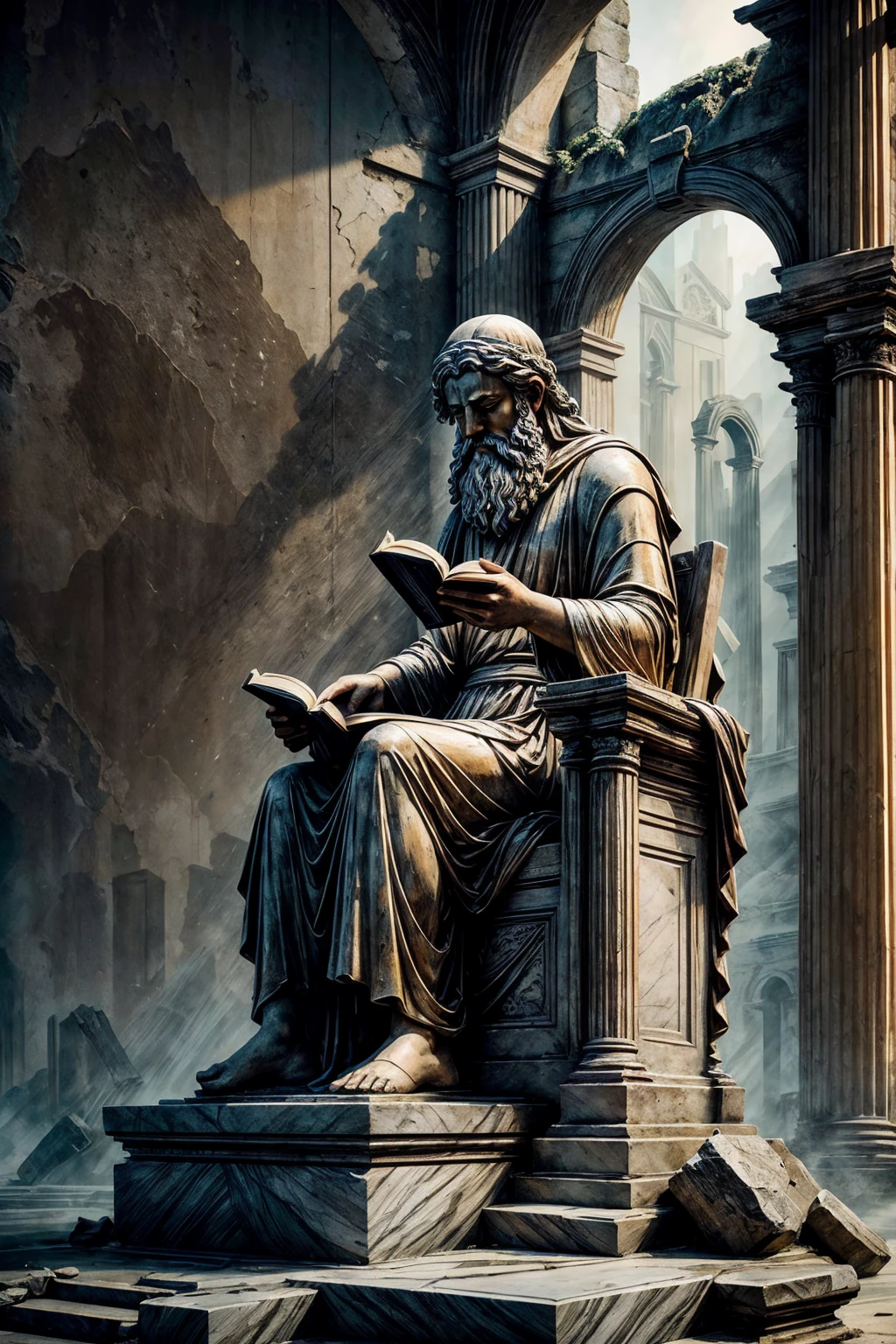 make a statue of an ancient philosopher reading a book while sitting on a throne, make the statue entirely out of marble with lots to give the impression of an abandoned statue (make the image as if it were a photo taken diagonally , ancient appearance, impression of darkness and ruins)