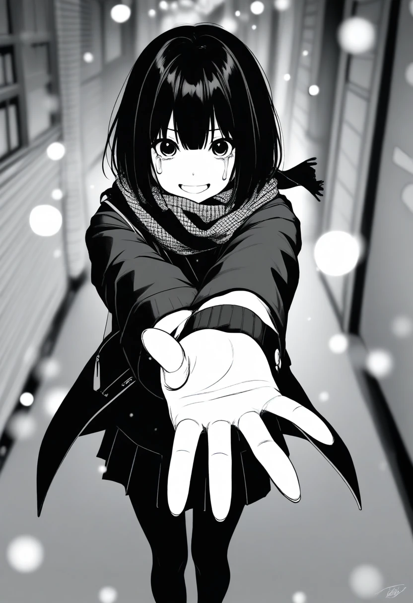 masterpiece, best quality, 1girl, oekakizuki, grayscale, manga style, japanese, chi no wadachi, black eyes, street, iced, black hair, schoolbag, smile, lineart, black coat, black scarf, black pleated skirt, leggins, centered, 18 years old, tall, fair skinned, bokeh background, crying, tears, tears streaming, bob cut, light particles, centered, snowing, (((reaching out a hand to viewer, perfect hand, detailed hand:1.1))
