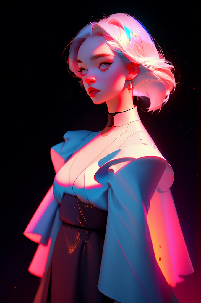 Highest quality hyper-realistic illustration, The perfect masterpiece, perfect artwork, 8k, (Upper body portrait: 1.5), (((Viewed from the front: 1.2))), lens close-up, delicate face, white hair, (hakuhatsu: 1.3), long hair, long arms, (black background: 1.3), sexy posing, big breasts, low-cut dress, red dress with gold, pearl illusion, cyberpunk ,fashion trend,3s material,high definition,detailed rendering,c4d,3d,octane rendering,ray tracing,complex details,neon lights,animated lighting,OCRenderer,8k