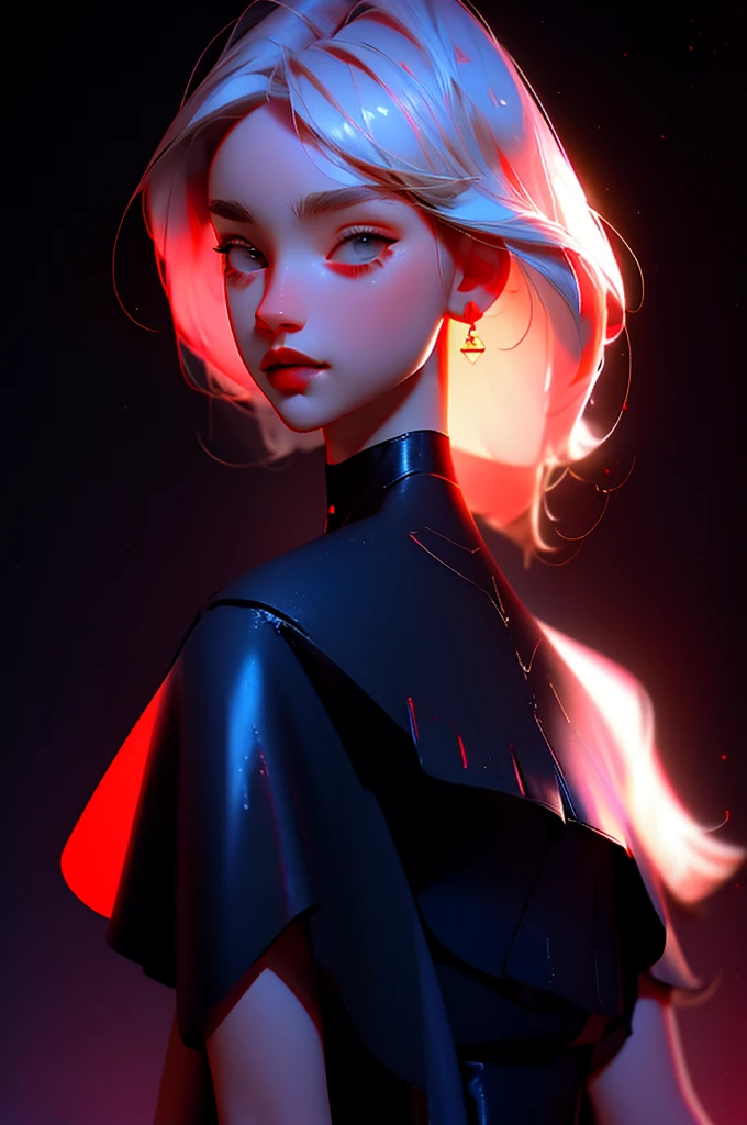 Highest quality hyper-realistic illustration, The perfect masterpiece, perfect artwork, 8k, (Upper body portrait: 1.5), (((Viewed from the front: 1.2))), lens close-up, delicate face, white hair, (hakuhatsu: 1.3), long hair, long arms, (black background: 1.3), sexy posing, big breasts, low-cut dress, red dress with gold, pearl illusion, cyberpunk ,fashion trend,3s material,high definition,detailed rendering,c4d,3d,octane rendering,ray tracing,complex details,neon lights,animated lighting,OCRenderer,8k