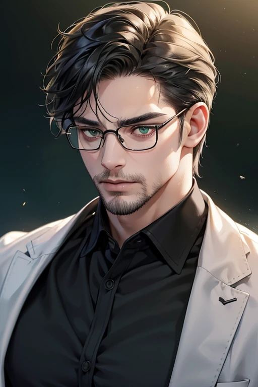 (Best quality,4K,8K,a high resolution,masterpiece:1.2),ultra detailed,(realistic,photorealistic,photo-realistic:1.37),39 year old man,3 day beard,Beautiful anime,portraits,strong,masculine,dark hair,Sharp jawline,Mesmerizing eyes,Perfectly styled hair,cool anime outfit,confident expression,bright colors,dynamic lighting, green eyes, (black shirt, glasses on face)