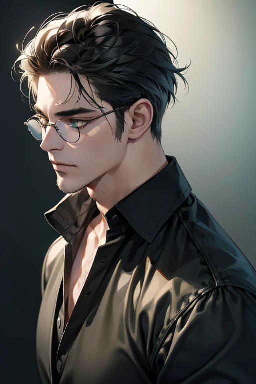 (Best quality,4K,8K,a high resolution,masterpiece:1.2),ultra detailed,(realistic,photorealistic,photo-realistic:1.37),39 year old man,3 day beard,Beautiful anime,portraits,strong,masculine,dark hair,Sharp jawline,Mesmerizing eyes,Perfectly styled hair,cool anime outfit,confident expression,bright colors,dynamic lighting, green eyes, (black shirt, glasses on face)