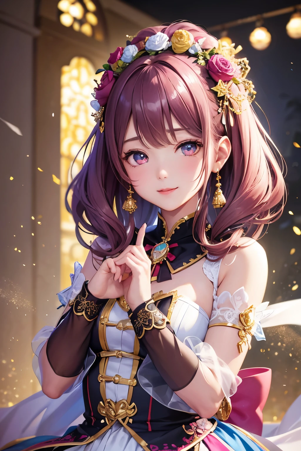 One Girl、Looking at the audience、
Beautiful Pink Eyes、brown short twintail hair, Mole under the eye、Plump and glossy lips、Heart-shaped choca、Idol、she is name May , smile、ー、。.。.。.。.。.。.。.。.。.。.。.。.。.。.。.。.。.。.3D、Realistic、
idol costume、short skirt,Drape clothes、gem、The decoration has been removed、Floral、Lace trim,On the glittering stage、
masterpiece、highest quality、8k、Detailed skin texture、Detailed cloth texture、Beautifully detailed face、Intricate details、Very detailed、
超A high resolution、8K Ultra HD、Film Grain、Best Shadow、delicate、Staring at the audience、front
