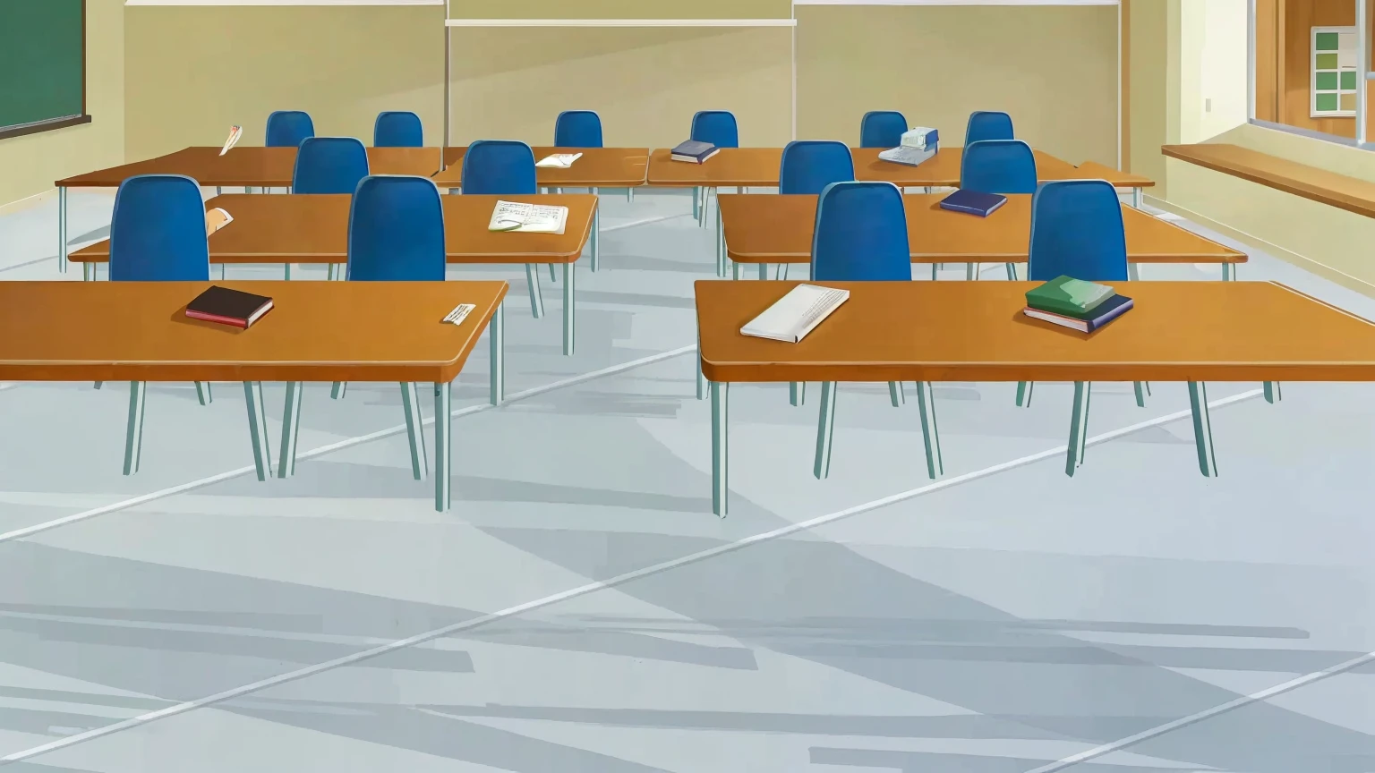 there are many tables and chairs in a classroom with a chalkboard, classroom background, typical anime classroom, school classroom, classroom, classroom in background, sitting in the classroom, in a classroom, photo of a classroom, detailed school background, highschool background, workshop background, in a school classroom, school class, random background scene, student, office background, multiple desks