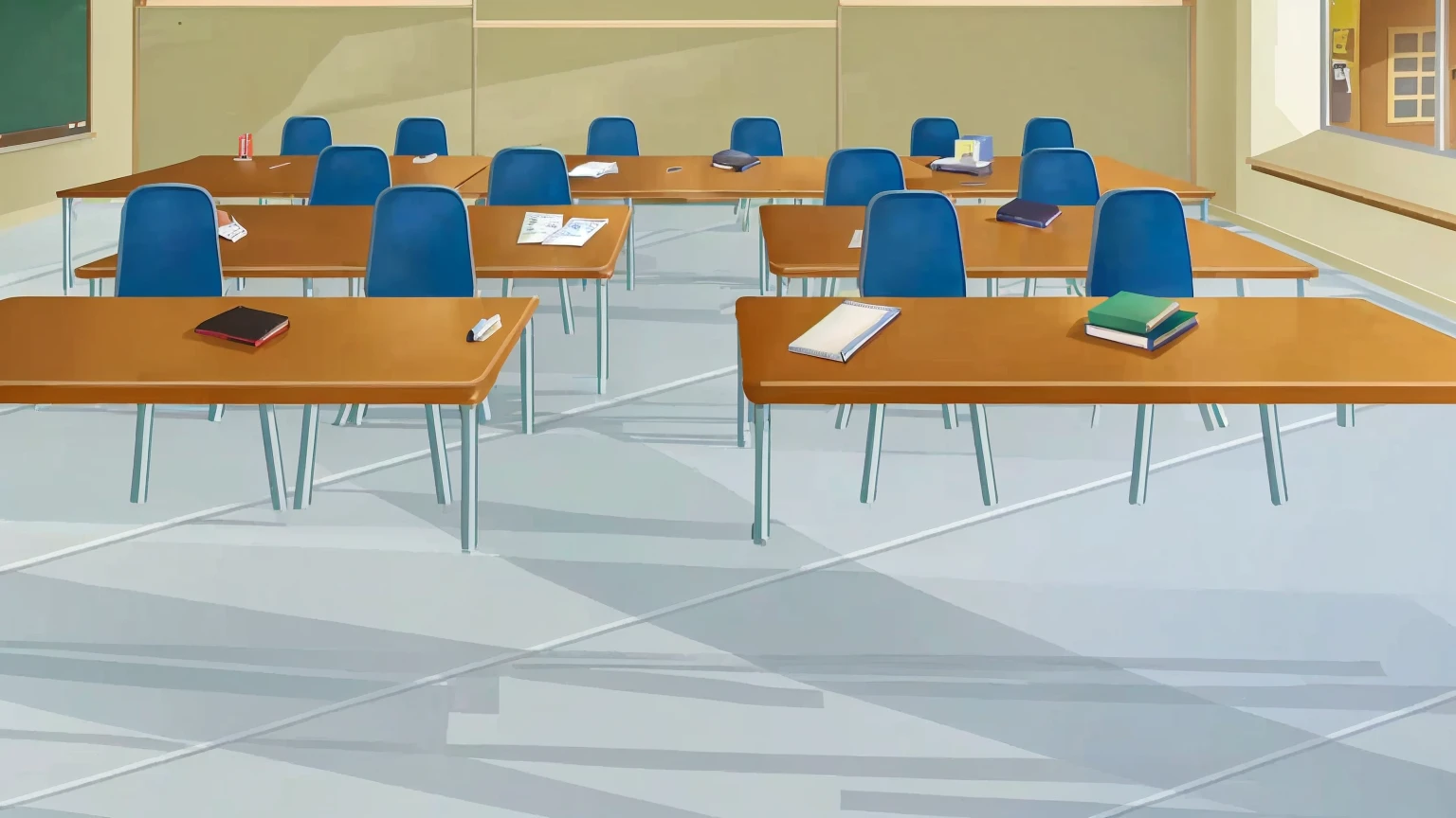 there are many tables and chairs in a classroom with a chalkboard, classroom background, typical anime classroom, school classroom, classroom, classroom in background, sitting in the classroom, in a classroom, photo of a classroom, detailed school background, highschool background, workshop background, in a school classroom, school class, random background scene, student, office background, multiple desks