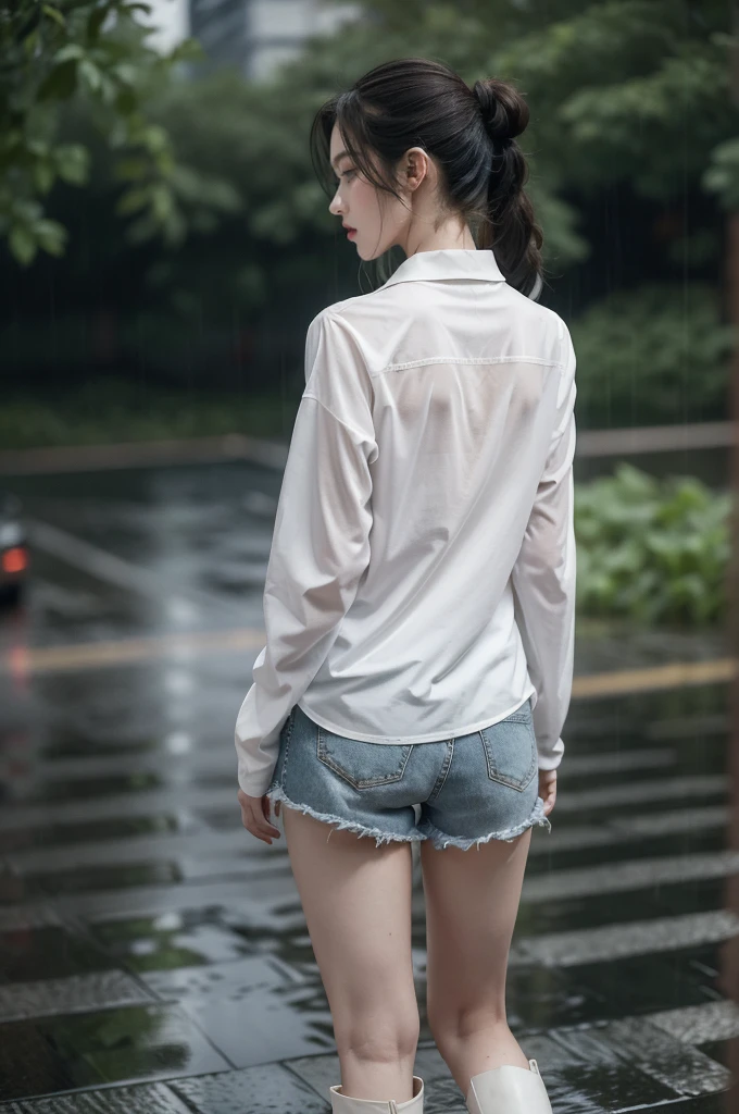 (((best quality))),(((ultra detailed))),(((masterpiece))),illustration,1girl, young,solo, slim,thin,short ponytail,bare back,towering hips,butt crack,white collared shirt,shorts,slender legs,boots,standing,rainy night, heavy rain, drenched clothes, melancholy expression, solitude, tear rolling down cheek, wet hair, empty streets, dimly lit, deserted environment, sound of rain, footsteps, symbol of hope, abandoned, resilience, determination, walking in rain, heartbreak, loss, love fading, loneliness, body language, facial expression, dreary atmosphere, rain-soaked streets, somber mood, viewer engagement,upper body,from back