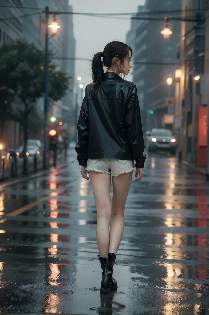 (((best quality))),(((ultra detailed))),(((masterpiece))),illustration,1girl, young,solo, slim,thin,short ponytail,bare back,towering hips,butt crack,white collared shirt,shorts,slender legs,boots,standing,rainy night, heavy rain, drenched clothes, melancholy expression, solitude, tear rolling down cheek, wet hair, empty streets, dimly lit, deserted environment, sound of rain, footsteps, symbol of hope, abandoned, resilience, determination, walking in rain, heartbreak, loss, love fading, loneliness, body language, facial expression, dreary atmosphere, rain-soaked streets, somber mood, viewer engagement,upper body,from back
