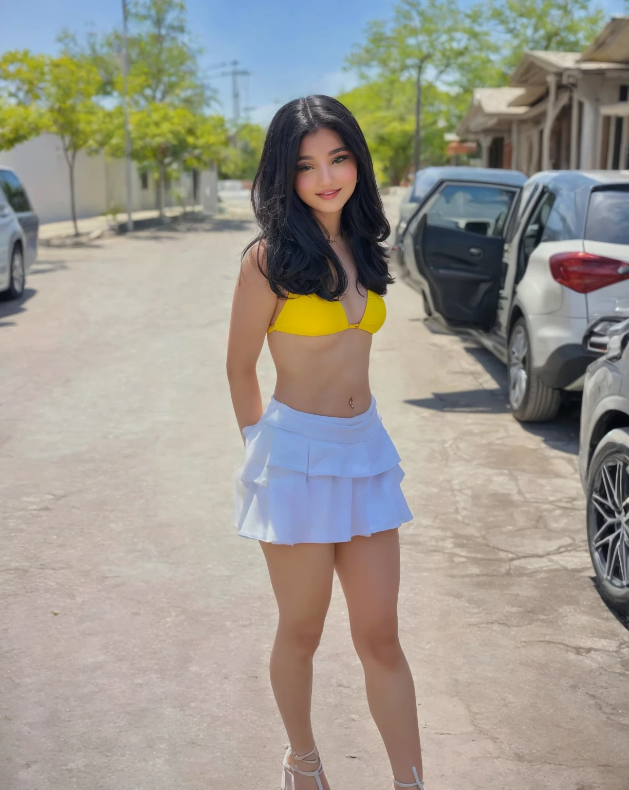 There is a woman in a yellow top and a white skirt posing for a photo., young and cute girl, 2 4 year old female model, Lovely woman, chica sexy, cute young girl full body, wearing honey - themed miniskirt, Instagram Template, 21 years, real locomotive, 18 years, cute woman, katelynn mini lindo estilo