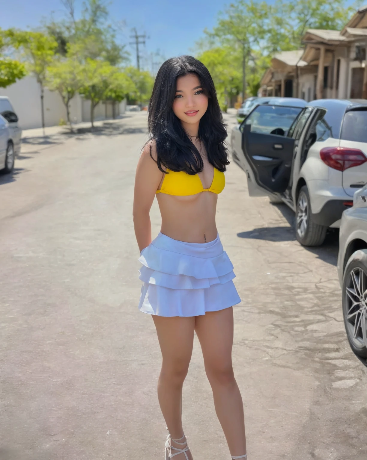 There is a woman in a yellow top and a white skirt posing for a photo., young and cute girl, 2 4 year old female model, Lovely woman, chica sexy, cute young girl full body, wearing honey - themed miniskirt, Instagram Template, 21 years, real locomotive, 18 years, cute woman, katelynn mini lindo estilo