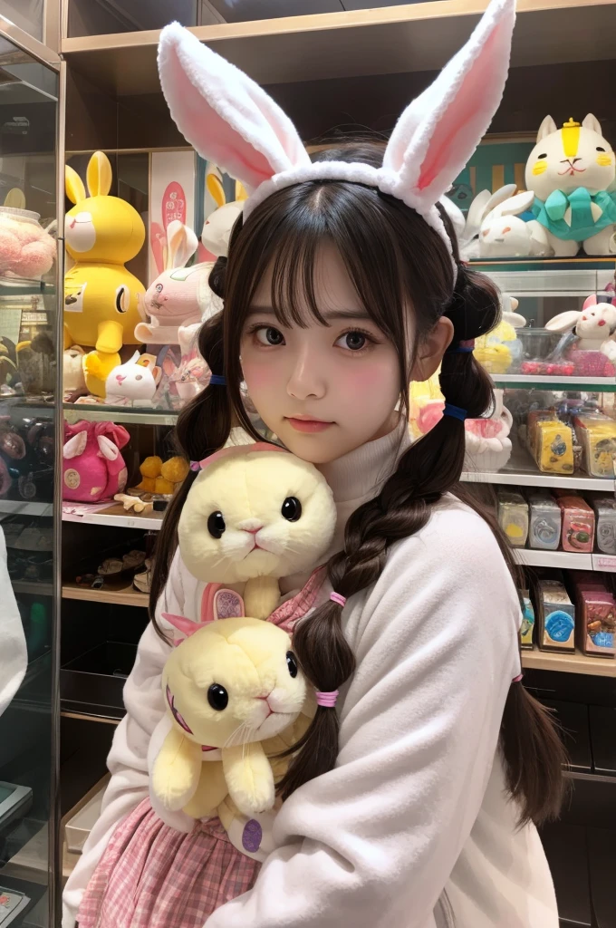 UFO catcher, big stuffed rabbit, girl with her cheek pressed against the glass, twin tails