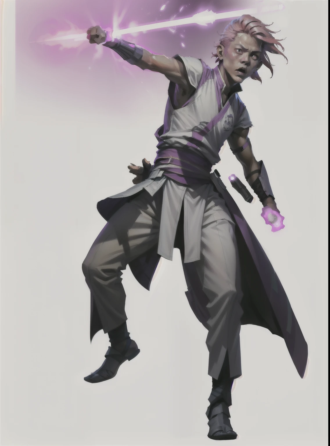 I want a character with a white background, png,Full body image, an Asian man with futuristic clothes, and pink hair, with leads on his clothes, and a lightsaber in his hand, curses flying around him.