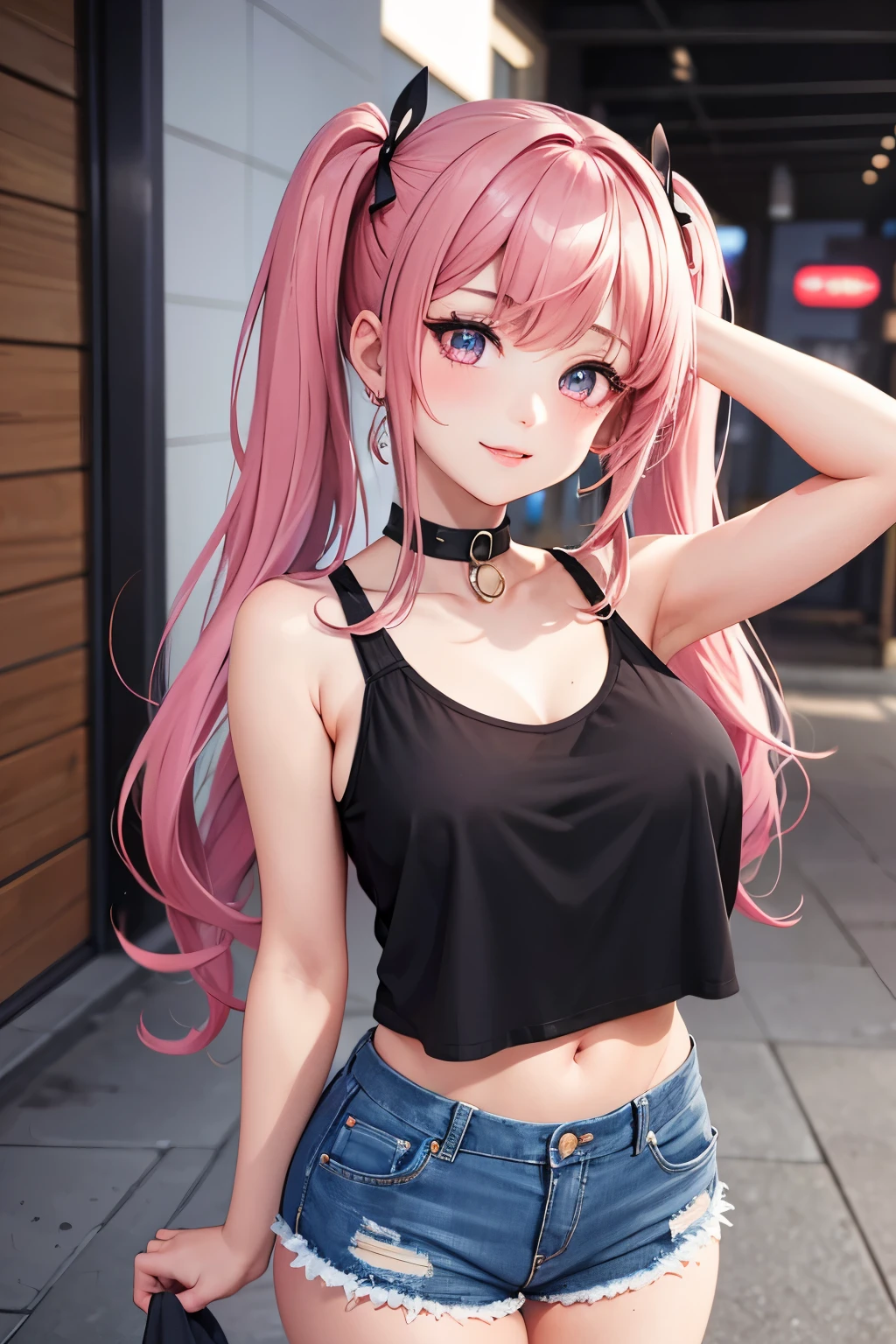 masterpiece, best quality, highly detailed, high resolution, expensive resolution, high resolution, 4k, 8k, uniform 8k wallpaper, highly detailed CG, masterpiece, 2d, 3d, beautiful details, depth, fine texture, best quality: 1.3, perfectly focused, crispy. skin, him, very cute anime girl, name is Mei, short twintails, idol, tank top, denim mini skirt, pink short twintails wearing expensive, mole under eye, looking at the viewer, expensive, blush, mole, parted lips, pink eyes, heart shaped choker, smiling face