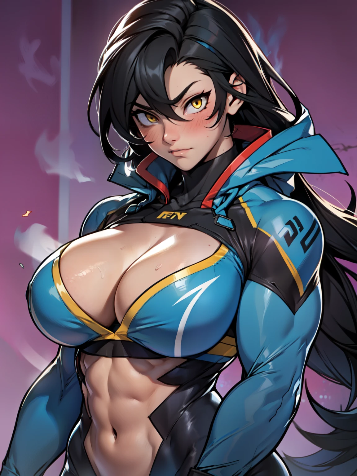 ((girl muscular thick)) pale skin black hair ultra detailed eyes huge large breasts toned body embarrassed blush very long hair skintight suit yellow eyes hair flaps cleavage