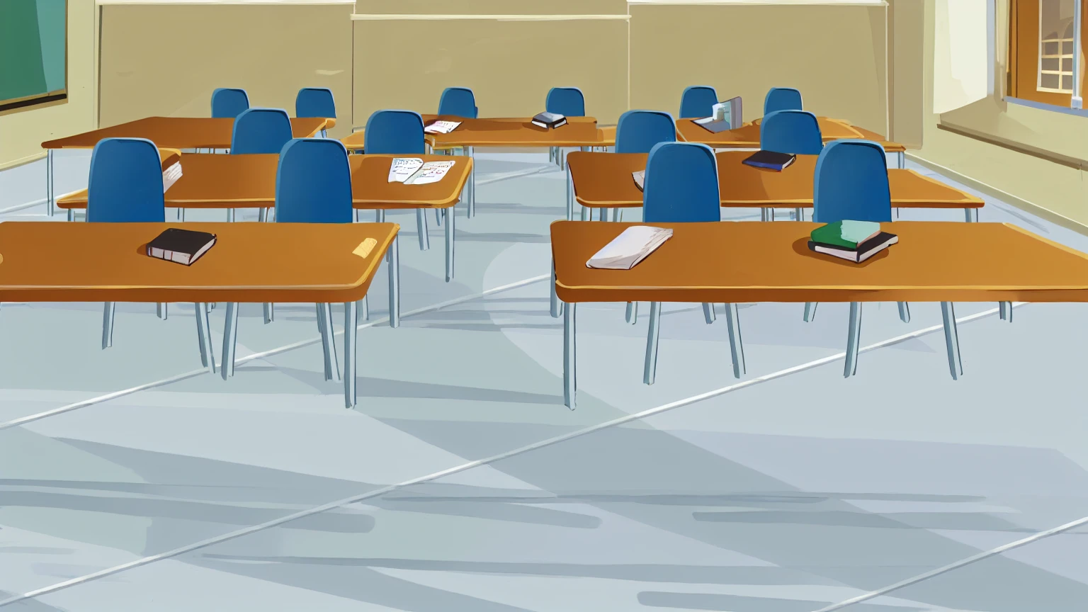 there are many tables and chairs in a classroom with a chalkboard, classroom background, typical anime classroom, school classroom, classroom, classroom in background, sitting in the classroom, in a classroom, photo of a classroom, detailed school background, highschool background, workshop background, in a school classroom, school class, random background scene, student, office background, multiple desks