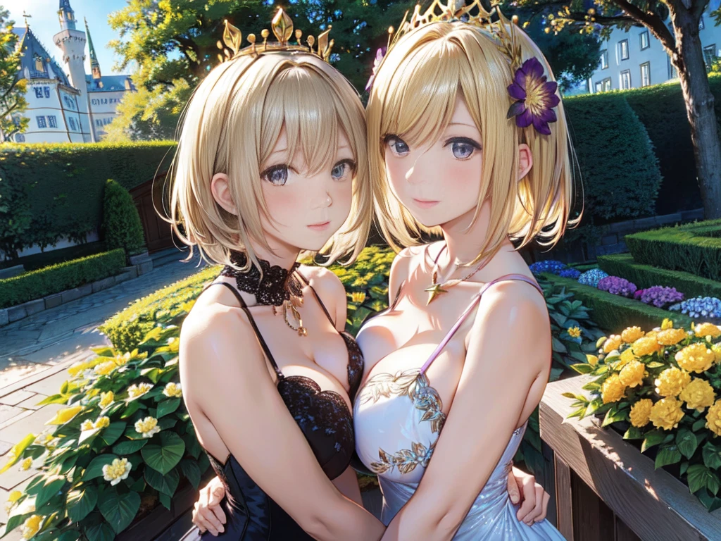 the same,
One Woman,
Golden Hair,
(Short Hair.05),Ashime,straight,
((Flower Hair Ornaments)),Purple Necklace,
Natural skin texture,Big ,Narrow waist,
(((Black)))One-piece dress,hydrangea pattern,Golden crown,
Neuschwanstein Castle,Germany,
Chaoyang,Outdoor,garden,flower bed,
Slightly larger breasession(Puzzled),Resolute attitude,
Closed Mouth,blush,True Face,upright posture,Squint your eyes,
Natural depiction,
Beautiful depiction,
Shiny eyes,
Healthy Body,
Natural hairstyle,
Natural body contours,
Natural facial contoFive fingers)A clear depiction of,Symmetrical fingers,
Two arms,Two legs,
Sharp eyelid depiction,
Keep the subject in the center,Expand the upper body,
Beautiful image quality,
Delicate shades,
4K,Very detailed,
Delicate light adjustment,
Delicate contour drawing,