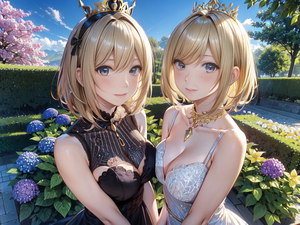 the same,
One Woman,
Golden Hair,
(Short Hair.05),Ashime,straight,
((Flower Hair Ornaments)),Purple Necklace,
Natural skin texture,Big boobs,Narrow waist,
(((Black)))One-piece dress,hydrangea pattern,Golden crown,
Neuschwanstein Castle,Germany,
Chaoyang,Outdoor,garden,flower bed,
Slightly larger breasts,expression(Puzzled),Resolute attitude,
Closed Mouth,blush,True Face,upright posture,Squint your eyes,
Natural depiction,
Beautiful depiction,
Shiny eyes,
Healthy Body,
Natural hairstyle,
Natural body contours,
Natural facial contours,
(Five fingers)A clear depiction of,Symmetrical fingers,
Two arms,Two legs,
Sharp eyelid depiction,
Keep the subject in the center,Expand the upper body,
Beautiful image quality,
Delicate shades,
4K,Very detailed,
Delicate light adjustment,
Delicate contour drawing,