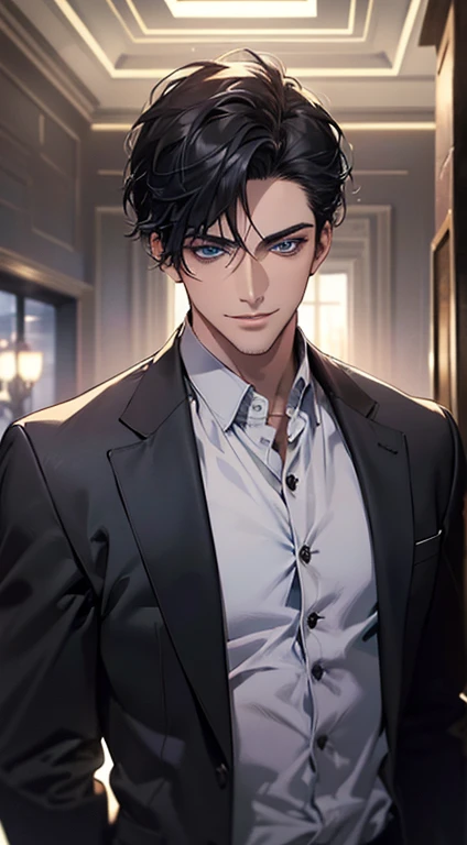 (best quality, masterpiece, 8K, photorealistic, cinematic lighting, hdr image, ultra detailed, beautiful image), a mature man, very handsome, smile in love, short black hair, blue eyes, perfect face without errors, ((buttoning the jacket, CEO))