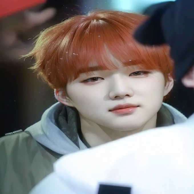 a close-up of a red-haired and hooded person, black haired yoongi, pale korean face, Jimin\ large eyes, young pale angel, ironic smile, hyung tae, hong june hyung, cute round slanted eyes, with round cheeks, Sugar BTS, Yoongi BTS, Min Yoongi, Sugar, BTS