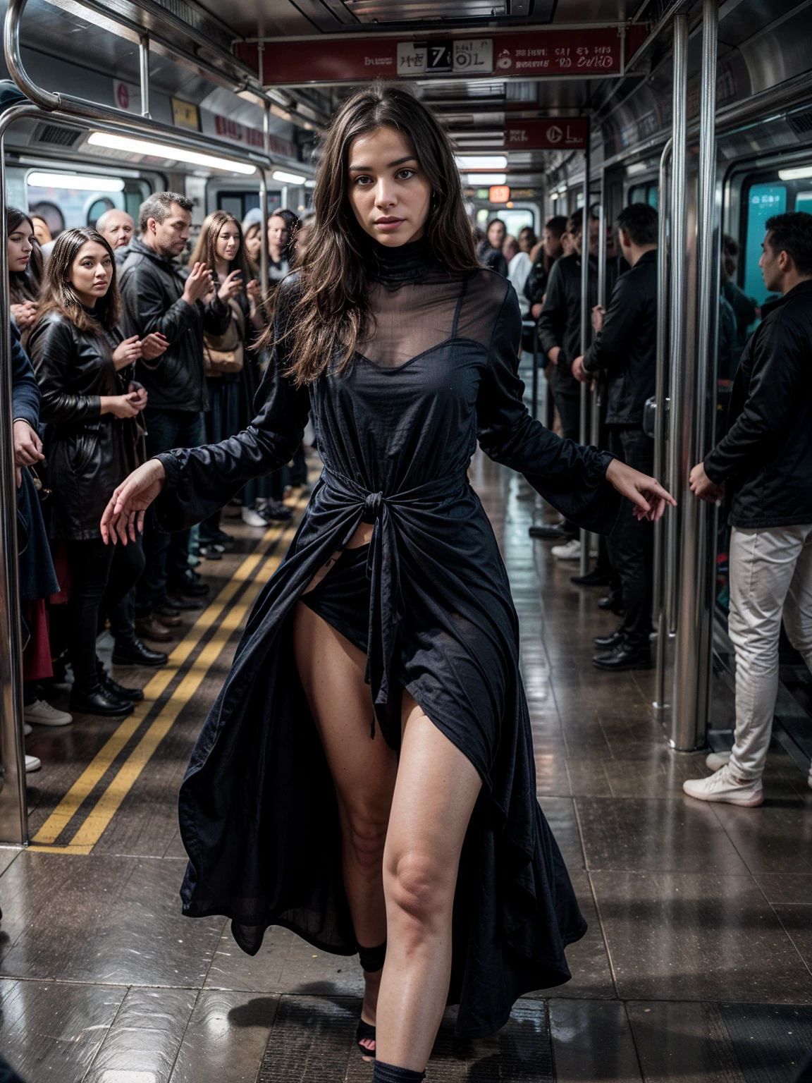 In the midst of the  subway, a man is surrounded by four stunning women, each with their own distinct features and fashion sense, creating a diverse and captivating scene.