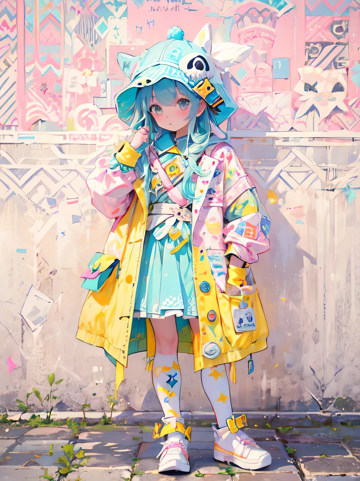 Seizo Watase Style、"cute, beautiful, Adorable girl wearing pink clothes, yellow, and baby blue color scheme. She is wearing a costume with a SKULL motif inspired by a female pirate.。.。.。.。.。.。.... Fashionable hats, rock、Comes with decorative accessories such as hair clips. Embodying the vibrant and modern Harajuku fashion style。."