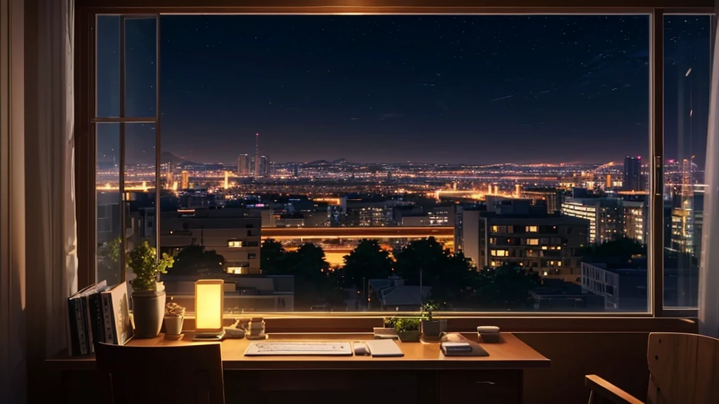 A cozy and detailed anime bedroom, inspired by the works of Makoto Shinkai like "Kimi no Na wa" and "Garden of Words." This hyperrealistic scene captures a tranquil nighttime ambiance, showcasing a large window with a vibrant cityscape view. The room is filled with personal touches, including musical instruments, a desk with a laptop, and various decorations. The soft, ambient glow of city lights creates cinematic lighting with bokeh effects, highlighting the serene and inviting atmosphere. Rendered in 4K resolution, the hand-drawn digital painting features realistic textures and vibrant colors, making it a stunning representation of Makoto Shinkai's iconic style.