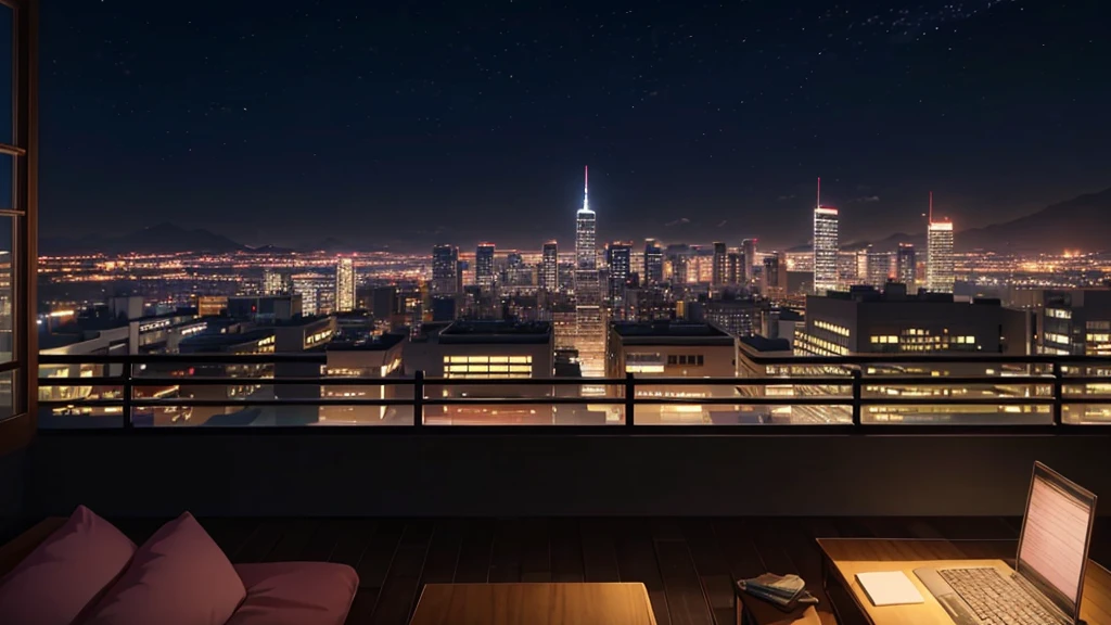 A cozy and detailed anime bedroom, inspired by the works of Makoto Shinkai like "Kimi no Na wa" and "Garden of Words." This hyperrealistic scene captures a tranquil nighttime ambiance, showcasing a large window with a vibrant cityscape view. The room is filled with personal touches, including musical instruments, a desk with a laptop, and various decorations. The soft, ambient glow of city lights creates cinematic lighting with bokeh effects, highlighting the serene and inviting atmosphere. Rendered in 4K resolution, the hand-drawn digital painting features realistic textures and vibrant colors, making it a stunning representation of Makoto Shinkai's iconic style.