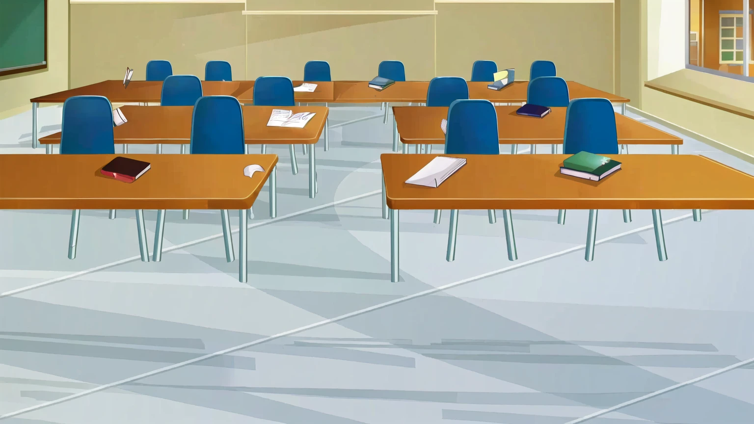there are many tables and chairs in a classroom with a chalkboard, classroom background, typical anime classroom, school classroom, classroom, classroom in background, sitting in the classroom, in a classroom, photo of a classroom, detailed school background, highschool background, workshop background, in a school classroom, school class, random background scene, student, office background, multiple desks