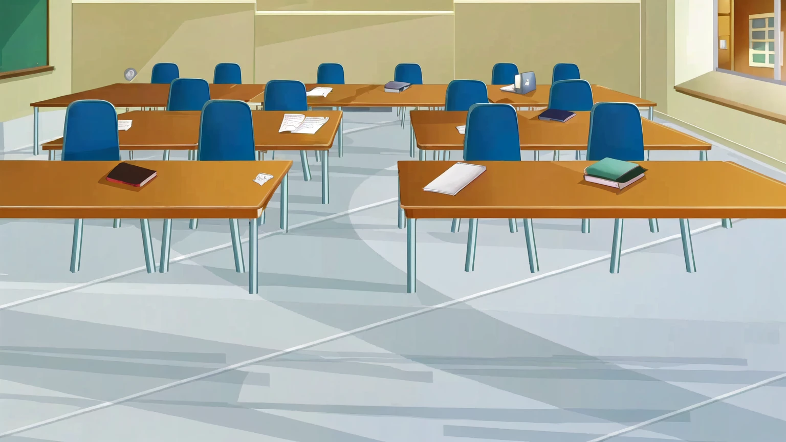 there are many tables and chairs in a classroom with a chalkboard, classroom background, typical anime classroom, school classroom, classroom, classroom in background, sitting in the classroom, in a classroom, photo of a classroom, detailed school background, highschool background, workshop background, in a school classroom, school class, random background scene, student, office background, multiple desks