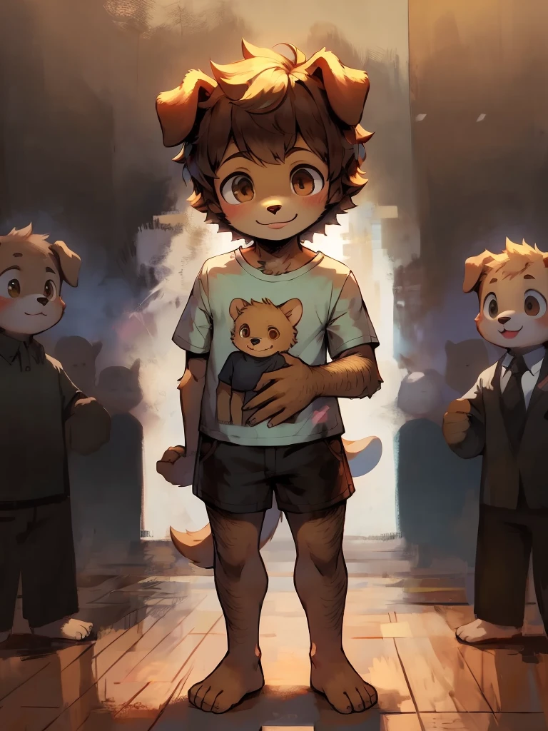 hairy，Dog Boy，Brown fur，Brown eyes，Single tail，short detailed hair, Suit, male, short, Smile, Eyes half closed,Q version， Masterpiece， high resolution，8K，（（（solo））），(T-Shirt，barefoot：0.6)，Looking at the audience，Viewing angle，Happy expression，shorts