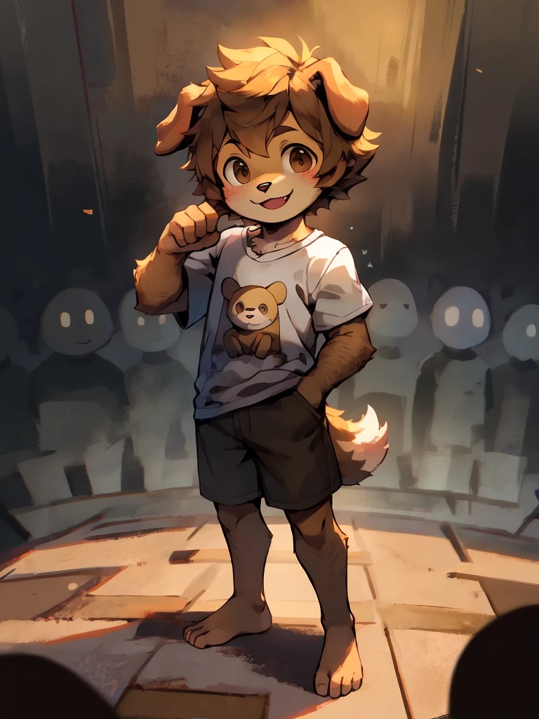 hairy，Dog Boy，Brown fur，Brown eyes，Single tail，short detailed hair, Suit, male, short, Smile, Eyes half closed,Q version， Masterpiece， high resolution，8K，（（（solo））），(T-Shirt，barefoot：0.6)，Looking at the audience，Viewing angle，Happy expression，shorts