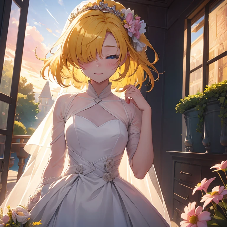 Superflat, Flat Shading, Flat Color, close, Low Angle, Wide-angle, One Girl， 19 years old, Asian, Bride, Wedding dress, Wearing beautiful wedding dress, Anime visuals of cute girls, Cute anime girl, , Cute Anime, Cute:2,  anime style 4 k, kawaii, cute anime style, young anime girl, Laid back girl, 1girl, future princess guardian tales, Wedding Dress, yellow hair, short hair, hair band, bangs, hair over one eye, one eye covered, smile happily,  detailed beautiful eyes, blue eyes, open eyes, Absurd, High resolution, ,  Standing in a flowery meadow，At dusk，Beautiful sunrise，dark，Vibrant colors，holding flower bucket