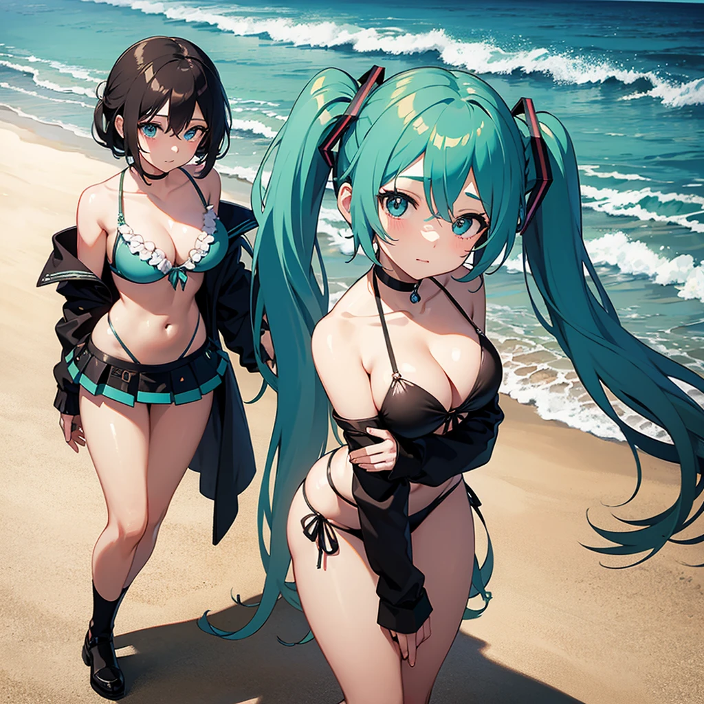 Hatsune miku with big breasts and v-shaped bikini on the beach