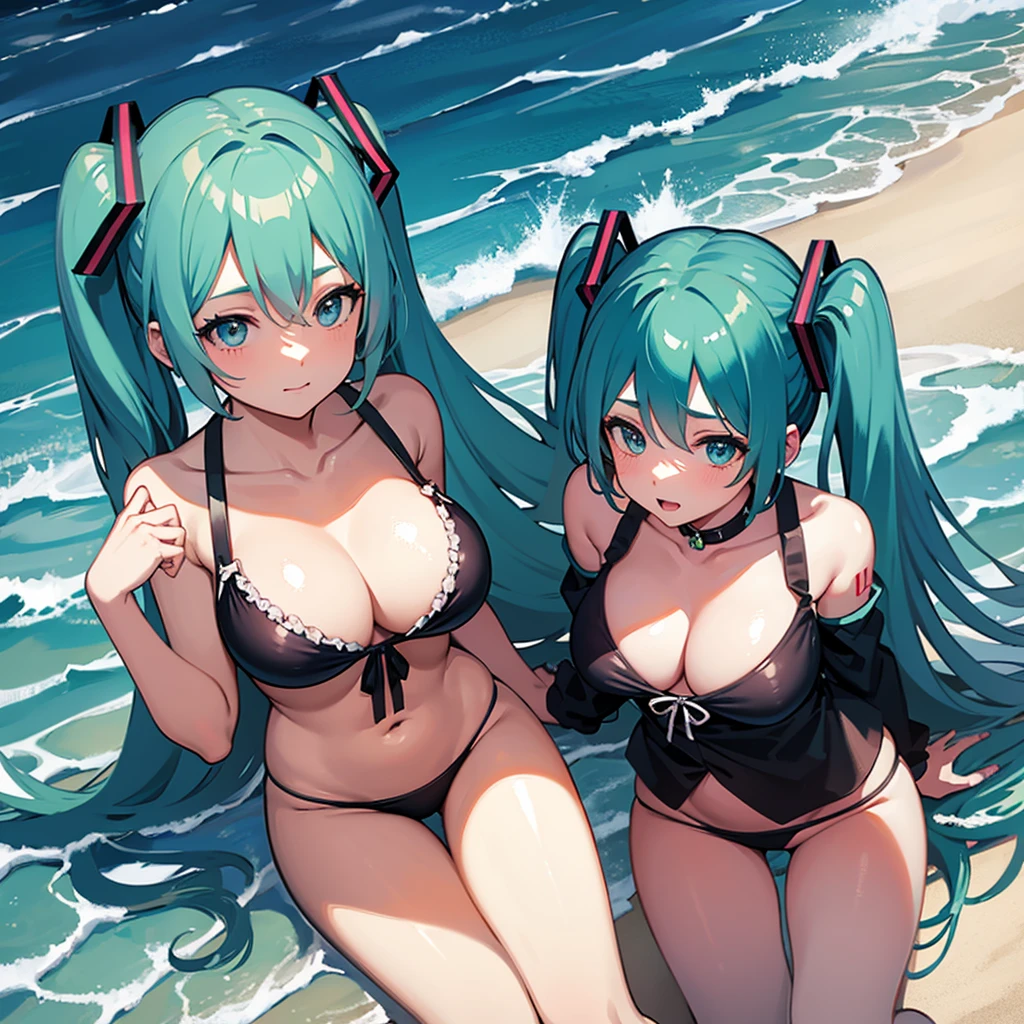 Hatsune miku with big breasts and v-shaped bikini on the beach 