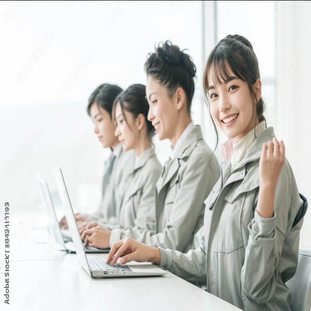 The image shows a group of four young women and three young men working at a desk, all wearing matching grey jackets and smiling at the camera.