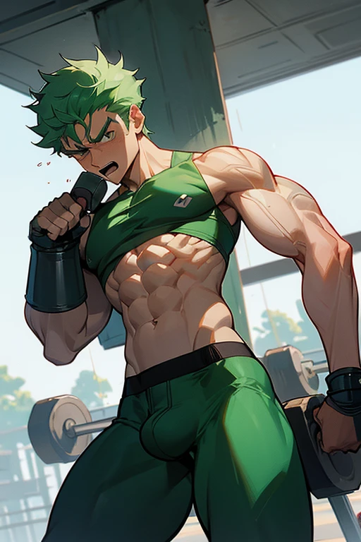 Roronoa Zoro from One Piece hypnotized to lift dumbbells in a gym. Bodybuilder whispers hypnotic triggers in his ear to assimilate him. Hypnosis. Sweaty. Dumb jock. Musclehead. Meathead. Bro. Brainwashing. Brainwashed. Brain to brawn. Hyper biceps. Hyper triceps. Hyper traps. Hyper pecs. broad shoulders. Hyper muscles. Huge bulging crotch. Hyper crotch bulge. Massive crotch bulge. Dumb jock bro. "Dumb jocks don't think.... Dumb jocks don't know.... Dumb jocks just lift, obey, and grow.... Yes, Coach. I lift.... I grow.... I obey.... I am a dumb jock...." Mindless. brainless. IQ drain. Bodybuilder jock assimilation. Blank stares. open mouths. Spiral.