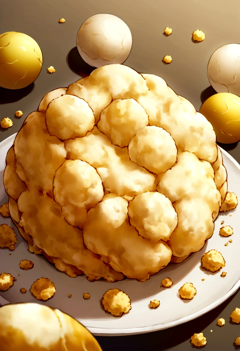 make a poster with the Pin-Up aesthetic of a woman holding a plate on a plate: make an image of a fried ice cream that has the following characteristics: A round golden ball, about the size of a tennis ball. texture: The surface is crispy and rough due to the fried batter. Coverage may look patchy and grainy. color: Light to medium gold, with possible darker tones in some areas, due to frying. The color of the batter may vary if specific ingredients such as grated coconut are used., cookie crumbs, or cereals.