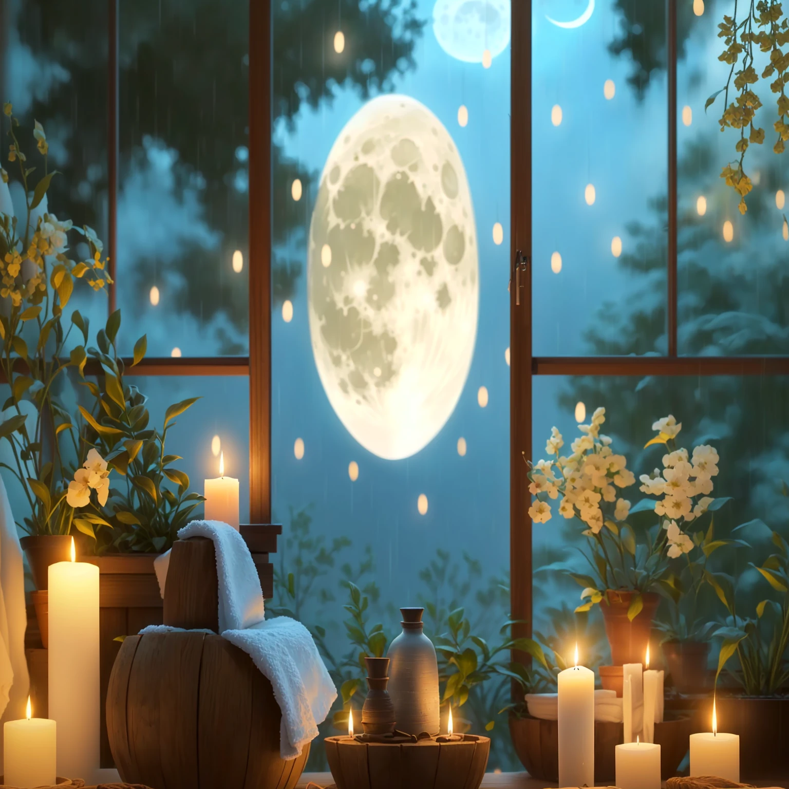 A candle and a towel are placed on a windowsill in front of a full moon, night with Moon and candle, Dreamy atmosphere of a moonlit night, Moon and candle, Sweet Night Ambient, Full moon rainy night, Relaxed atmosphere, at night with moon light, relaxed mood, Peaceful atmosphere, Beautiful moonlight, Realistic moon in background, Blue Moon Ray Tracing, moonlight