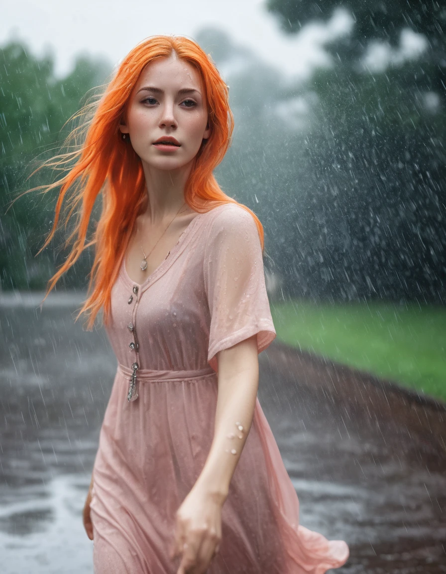 beautiful Woman with long pink hair, walking in the summer rain, ((in a city park)), ((fully clothed)),((rain)), (long orange summer dress,) light grey cardigan, ((orange dress)), bracelets, jewelry, beads, closeup fantasy with water magic, housewife, overcast, humid, tropical, summery palette, playful, gentle smile, clothes made of water, photorealistic, dripping wet, beautiful realistic photo, hyperrealistic fantasy photo, close up, narrow depth of field, 8k, ((drenched)), ((soaked)), (dripping water), heavy clothes, medium breasts, lawn, wet all over, pink hair, wet dripping hair, varied poses