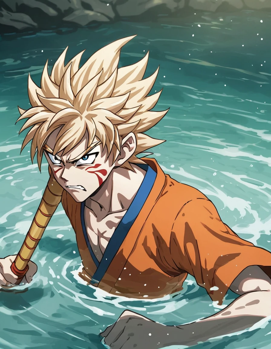 Sun Wukong in the water in Dragon Ball,Grim expression,Bright and clear picture