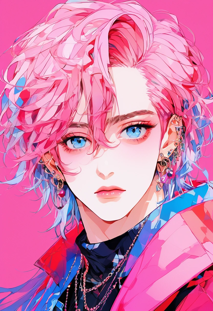 Upper body portrait, To the audience, Rainbow Style, (1 boy), (Smallest), (alone), Masculine traits, good looking, Long white hair, View your viewers, Blue Eyes Background, White background, gem, Jacket, Pink Hair, ear nipple ring, Pink Eyes, Choker Necklace, sweater, eyelash, cosmetics, Short Hair Details, punch, lipstick, ear piercing, eye shadow, Hoop Earrings, Red pink lips, Variegated eyes, Pink Theme, ピンクのeye shadow